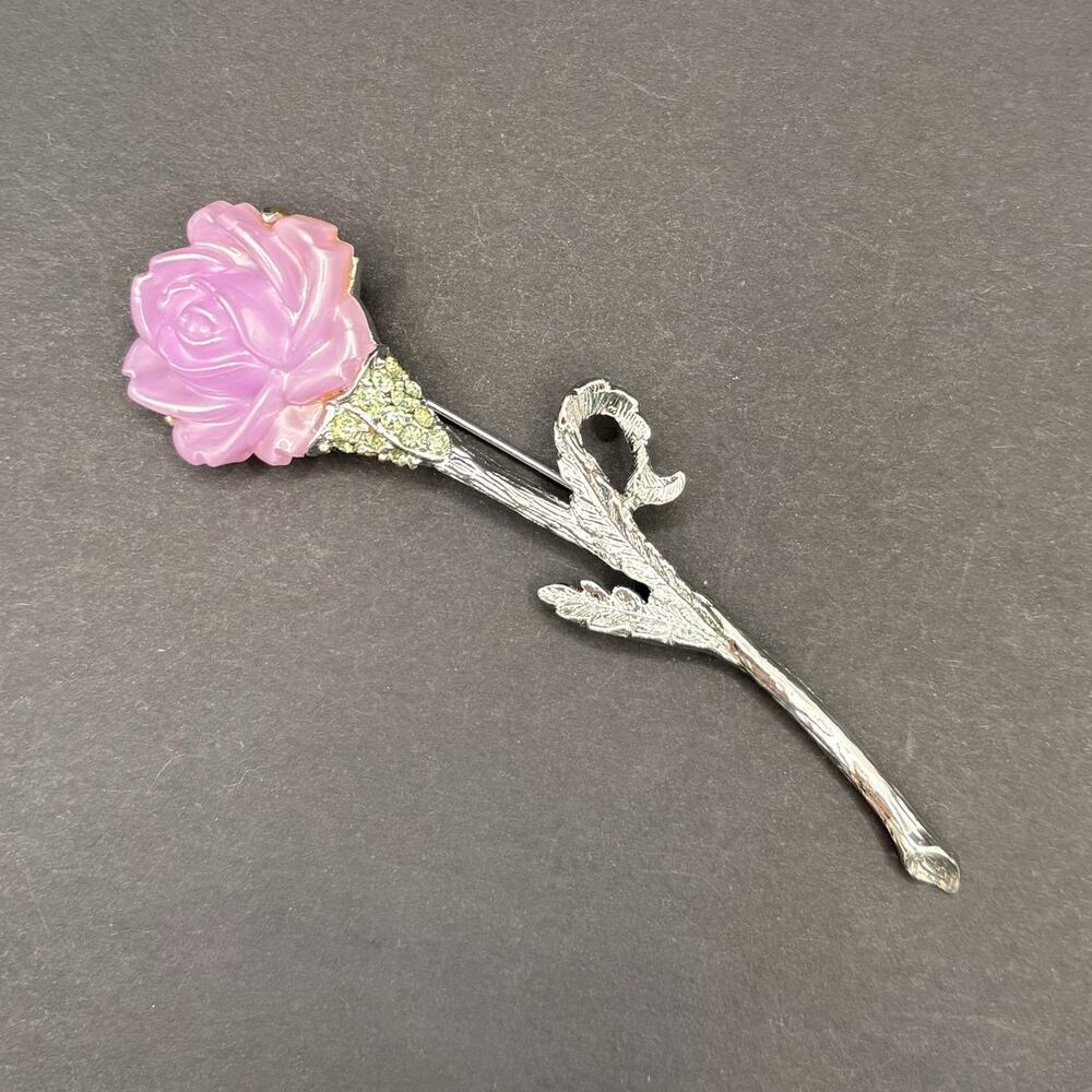 Vintage Pink Acrylic Rose Silver Tone Green Rhinestone Long Stem Flower Brooch